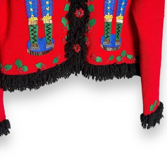 Michael Simon Womens Sz M Beaded Nutcracker Sweater Cardigan Black Fringe Trim - Picture 13 of 15